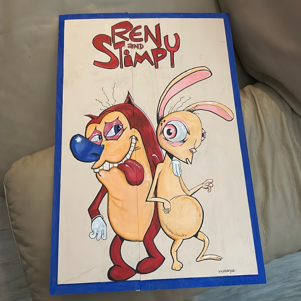 Wood wine box lid art. 2pieces fit together acrylic paint Ren & Stimpy 20” x 13”